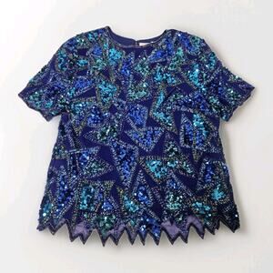 Sequin Beaded Silk Top 90s Vintage Blue Green Blouse Gatsby Glam Party Large